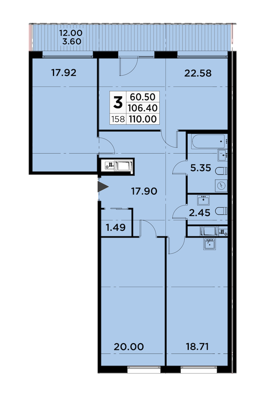 3-комнатная квартира 110 м², 14/14 эт., ЖК «GloraX City Zanevsky»